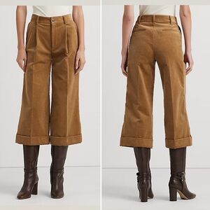 Ralph Lauren Tan Cropped Wide-Leg Pants with High Waist and Pleats